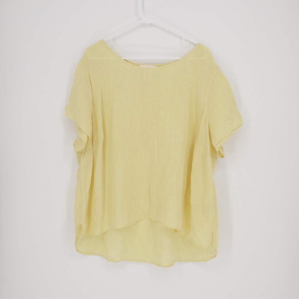 Isaac Mizrahi Women's Yellow 100% Linen Short Sleeve Scoop Neck Top Size 2X